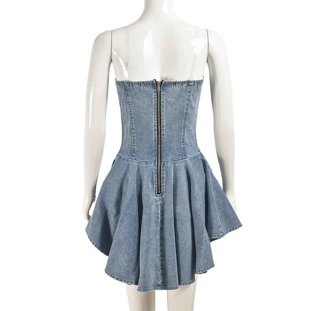 CM.YAYA Women Strapless Denim Washed Bodycon Lady Up Ruffles Mini Dress 2024 Summer Street Beach Night Club Dresses Vestidos