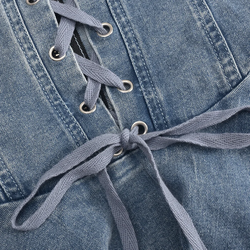 CM.YAYA Women Strapless Denim Washed Bodycon Lady Up Ruffles Mini Dress 2024 Summer Street Beach Night Club Dresses Vestidos