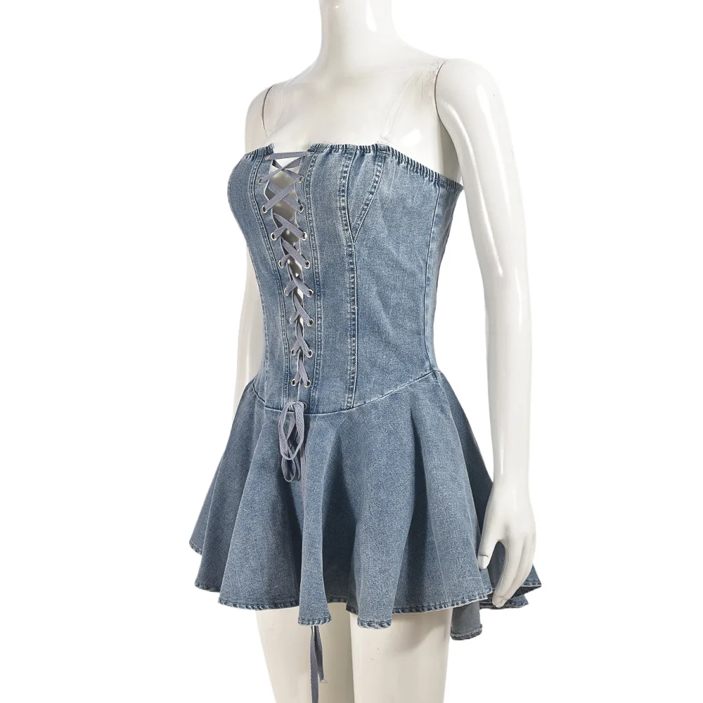 CM.YAYA Women Strapless Denim Washed Bodycon Lady Up Ruffles Mini Dress 2024 Summer Street Beach Night Club Dresses Vestidos