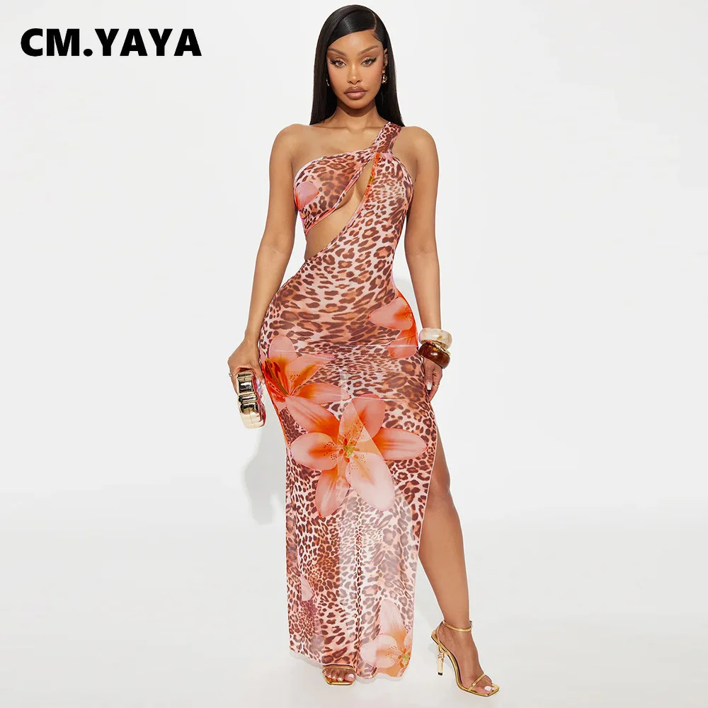 CM.YAYA Women Floral Leopsrd Printed Sleeveless High Side Split Long Maxi Dress 2025 Skew Collar Sexy Birthday Party Dresses