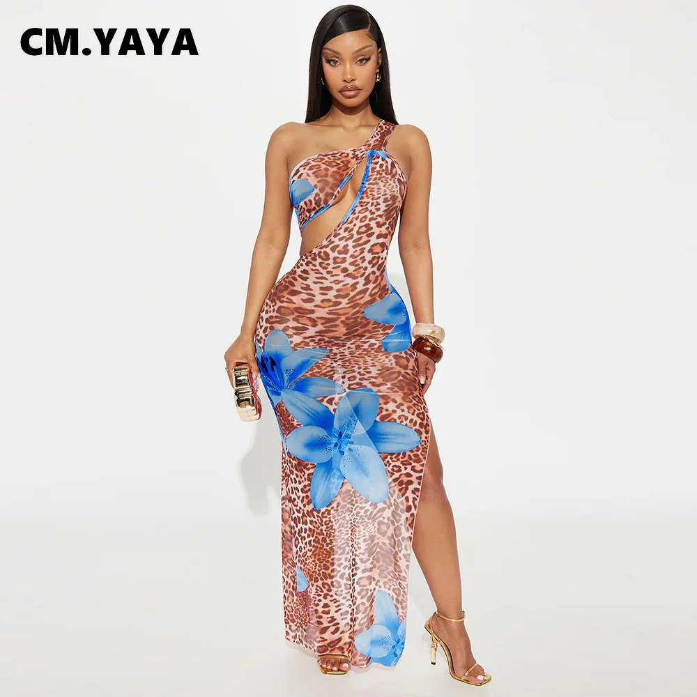 CM.YAYA Women Floral Leopsrd Printed Sleeveless High Side Split Long Maxi Dress 2025 Skew Collar Sexy Birthday Party Dresses