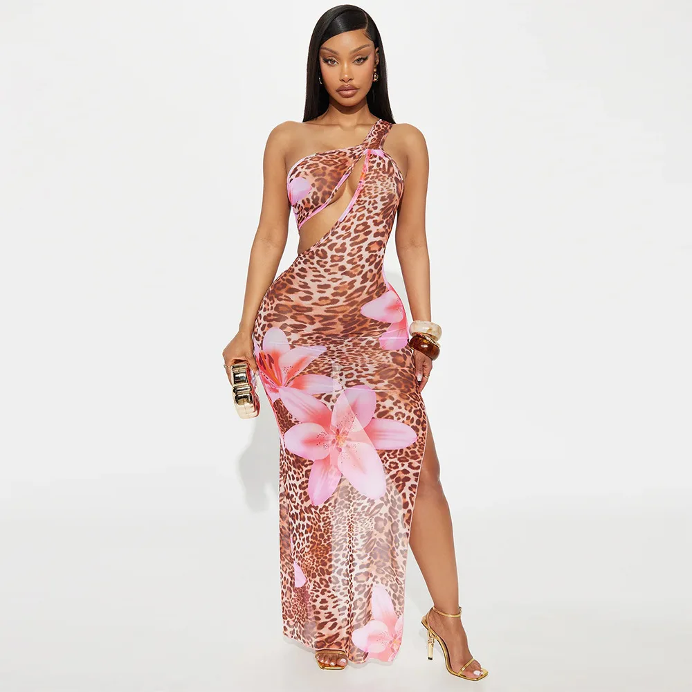 CM.YAYA Women Floral Leopsrd Printed Sleeveless High Side Split Long Maxi Dress 2025 Skew Collar Sexy Birthday Party Dresses