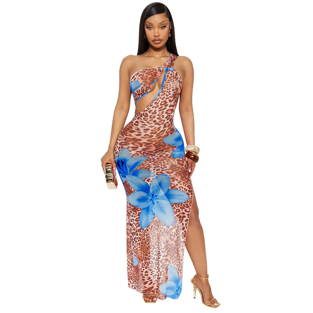 CM.YAYA Women Floral Leopsrd Printed Sleeveless High Side Split Long Maxi Dress 2025 Skew Collar Sexy Birthday Party Dresses