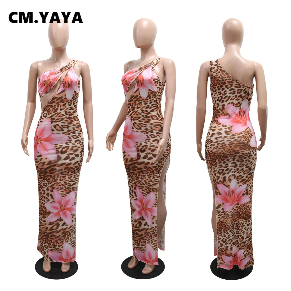 CM.YAYA Women Floral Leopsrd Printed Sleeveless High Side Split Long Maxi Dress 2025 Skew Collar Sexy Birthday Party Dresses