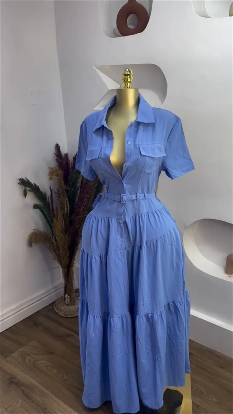 CM.YAYA Women Short Sleeve Single Breasted Belt Long Maxi Dress 2025 Street Birthday Evening Sexy Party Shirt Dresses Vestidos