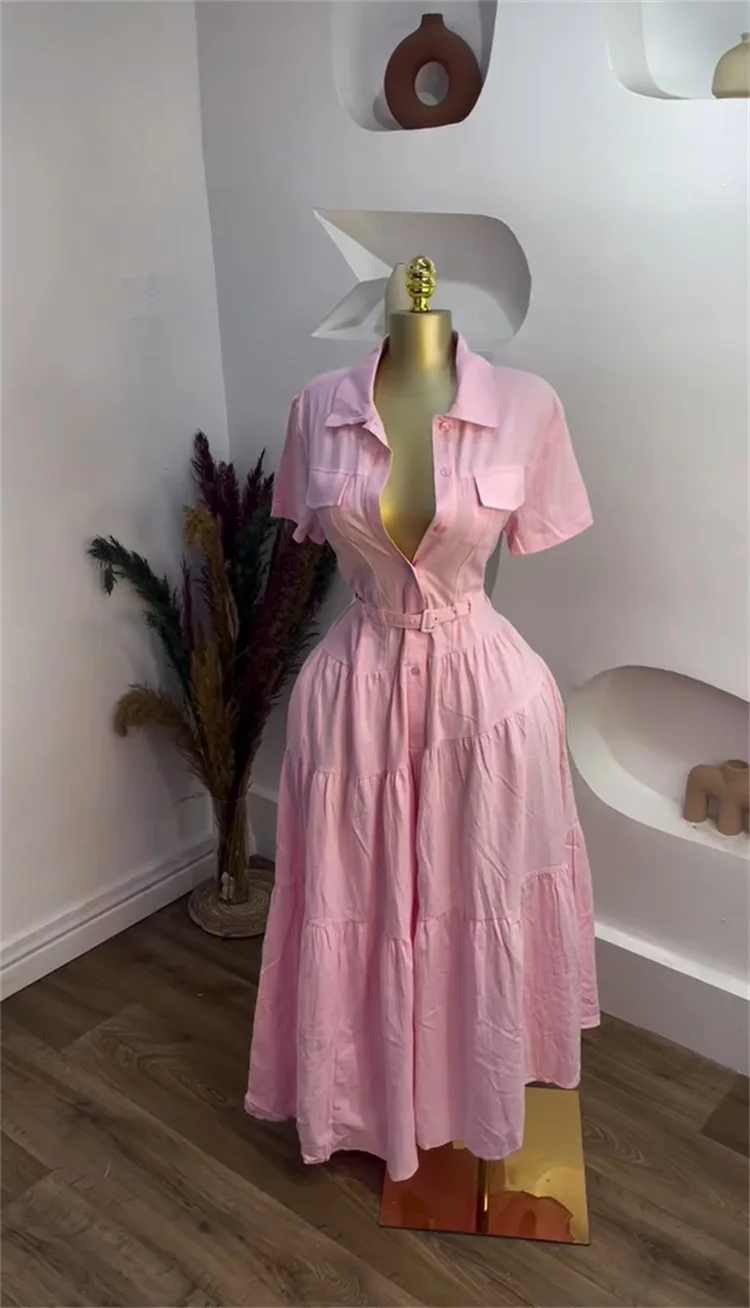 CM.YAYA Women Short Sleeve Single Breasted Belt Long Maxi Dress 2025 Street Birthday Evening Sexy Party Shirt Dresses Vestidos