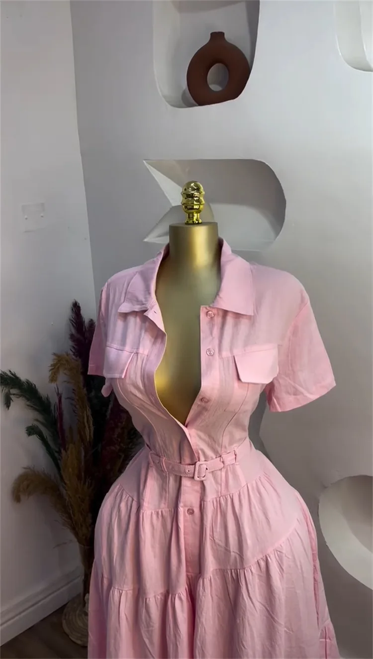 CM.YAYA Women Short Sleeve Single Breasted Belt Long Maxi Dress 2025 Street Birthday Evening Sexy Party Shirt Dresses Vestidos