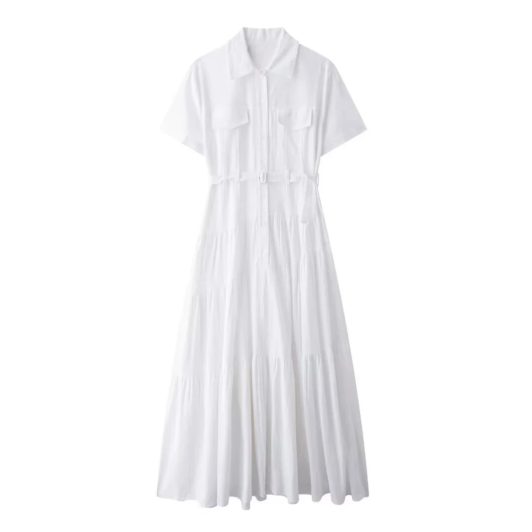 CM.YAYA Women Short Sleeve Single Breasted Belt Long Maxi Dress 2025 Street Birthday Evening Sexy Party Shirt Dresses Vestidos