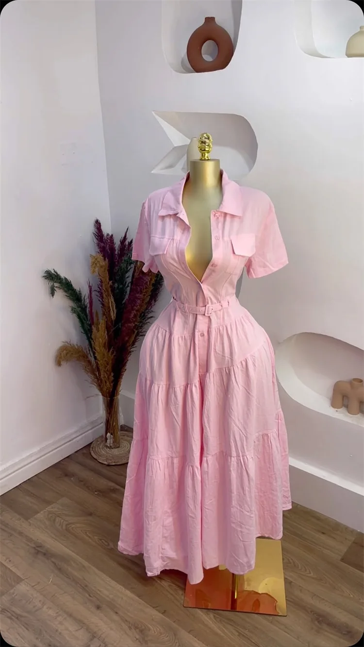 CM.YAYA Women Short Sleeve Single Breasted Belt Long Maxi Dress 2025 Street Birthday Evening Sexy Party Shirt Dresses Vestidos