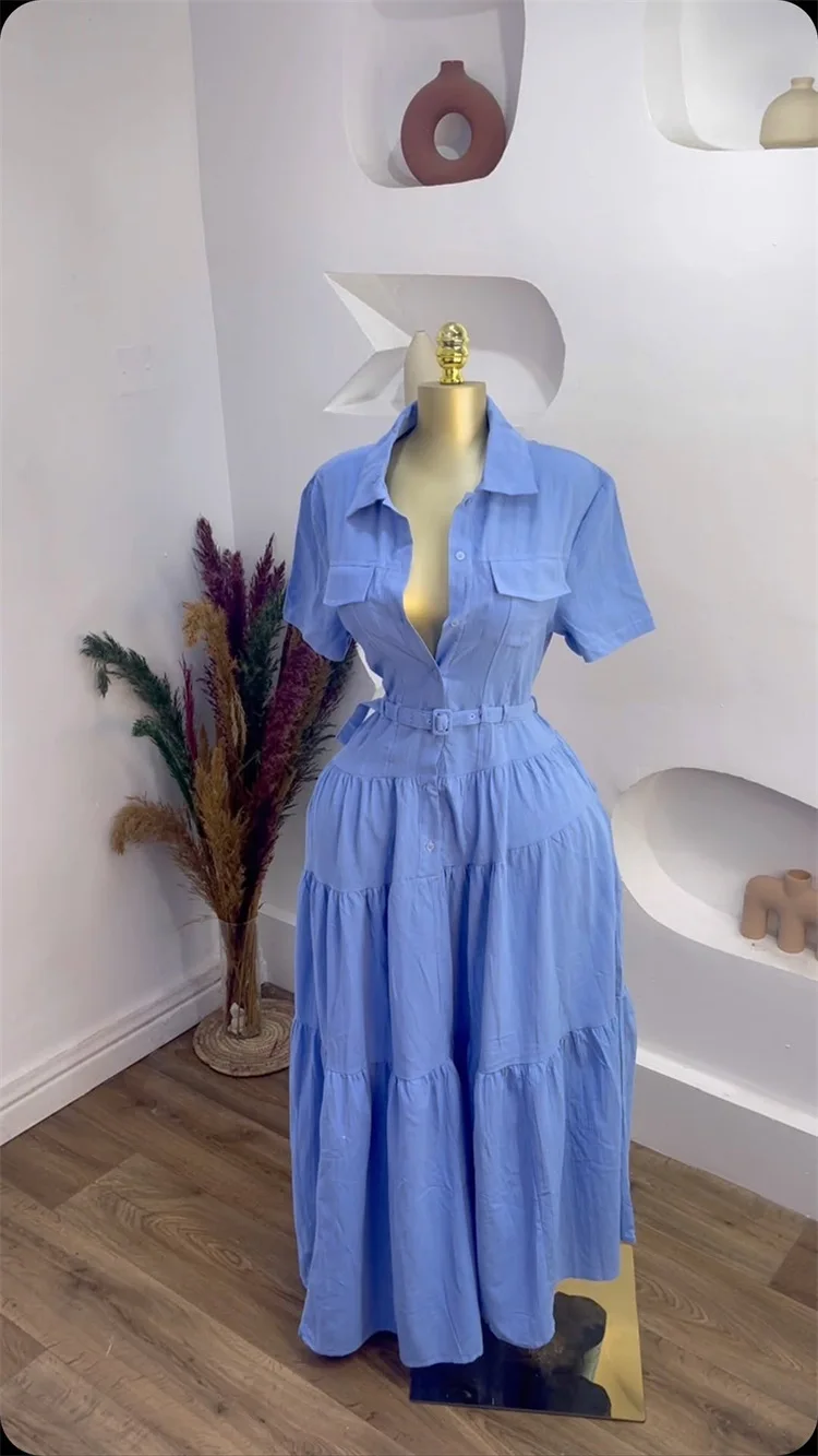 CM.YAYA Women Short Sleeve Single Breasted Belt Long Maxi Dress 2025 Street Birthday Evening Sexy Party Shirt Dresses Vestidos