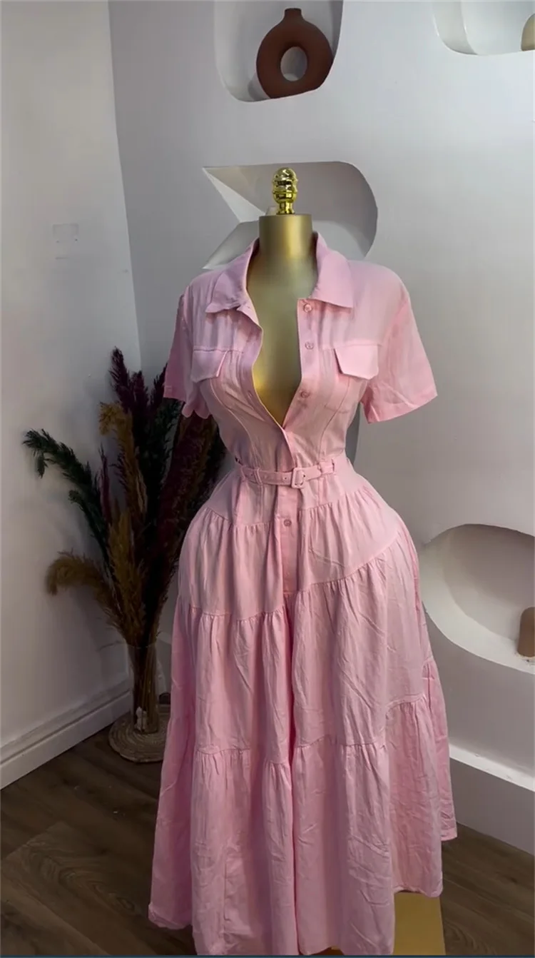 CM.YAYA Women Short Sleeve Single Breasted Belt Long Maxi Dress 2025 Street Birthday Evening Sexy Party Shirt Dresses Vestidos