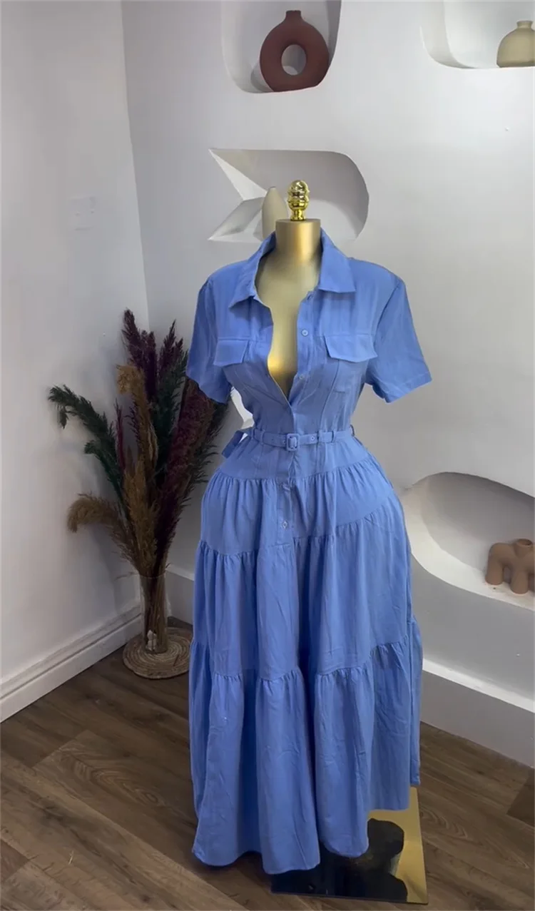 CM.YAYA Women Short Sleeve Single Breasted Belt Long Maxi Dress 2025 Street Birthday Evening Sexy Party Shirt Dresses Vestidos