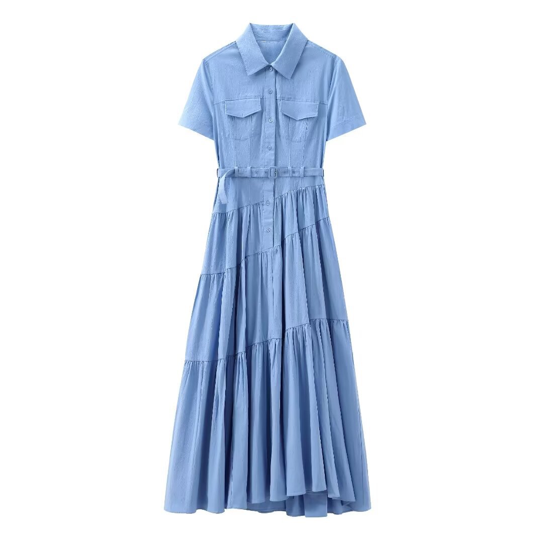 CM.YAYA Women Short Sleeve Single Breasted Belt Long Maxi Dress 2025 Street Birthday Evening Sexy Party Shirt Dresses Vestidos