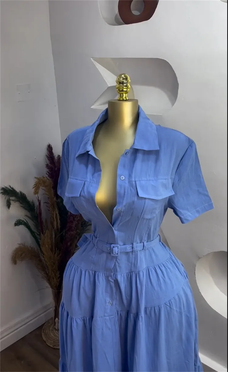 CM.YAYA Women Short Sleeve Single Breasted Belt Long Maxi Dress 2025 Street Birthday Evening Sexy Party Shirt Dresses Vestidos