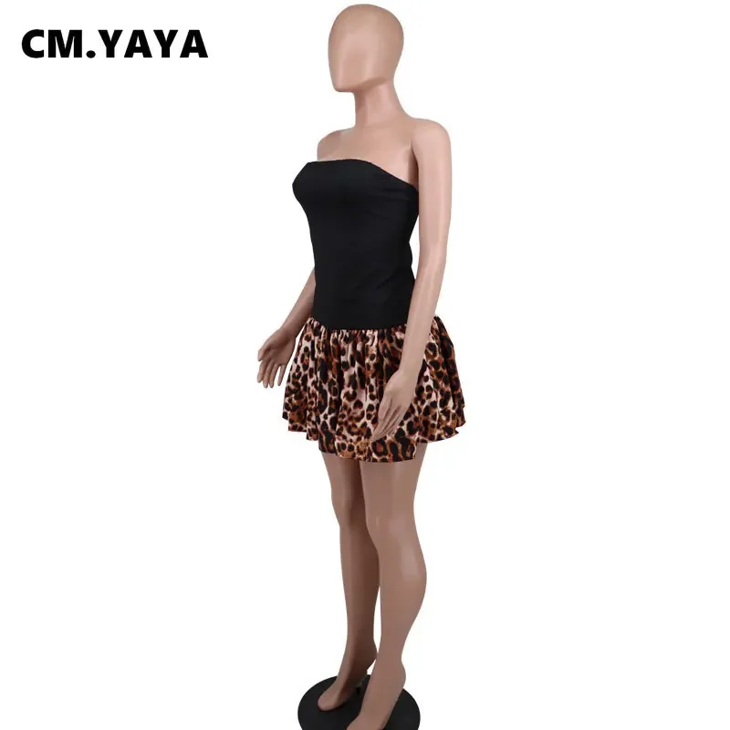 CM.YAYA Women Elegant Leopard Printed Strapless Ruched Flare Big Swing Beach Dresses 2024 Summer Beach Holiday Sexy Mini Dress