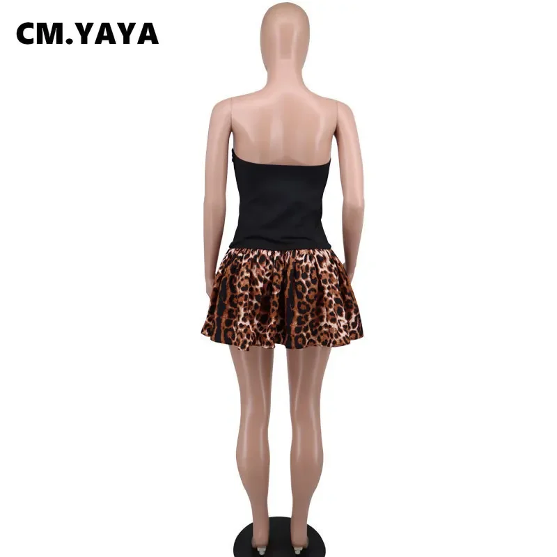 CM.YAYA Women Elegant Leopard Printed Strapless Ruched Flare Big Swing Beach Dresses 2024 Summer Beach Holiday Sexy Mini Dress