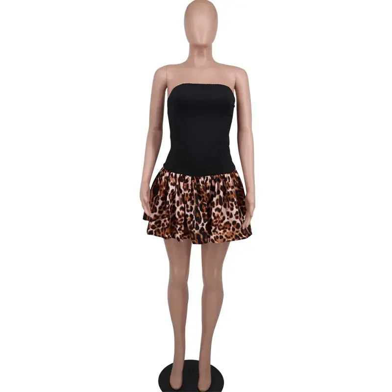 CM.YAYA Women Elegant Leopard Printed Strapless Ruched Flare Big Swing Beach Dresses 2024 Summer Beach Holiday Sexy Mini Dress