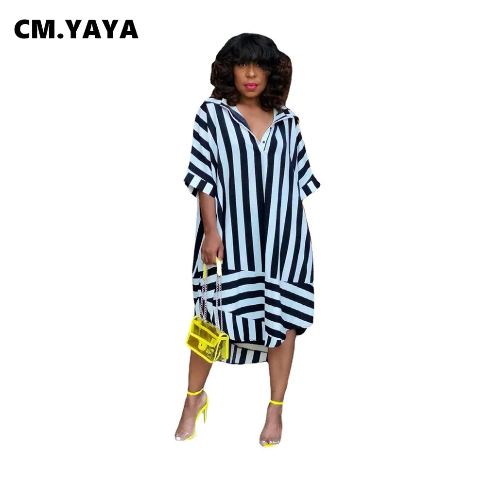 CM.YAYA Women Midi Dress Striped Turn-down Collar Half Sleeve Button Loose Dresses Office Lady Outfit Summer Vestidos Streetwear