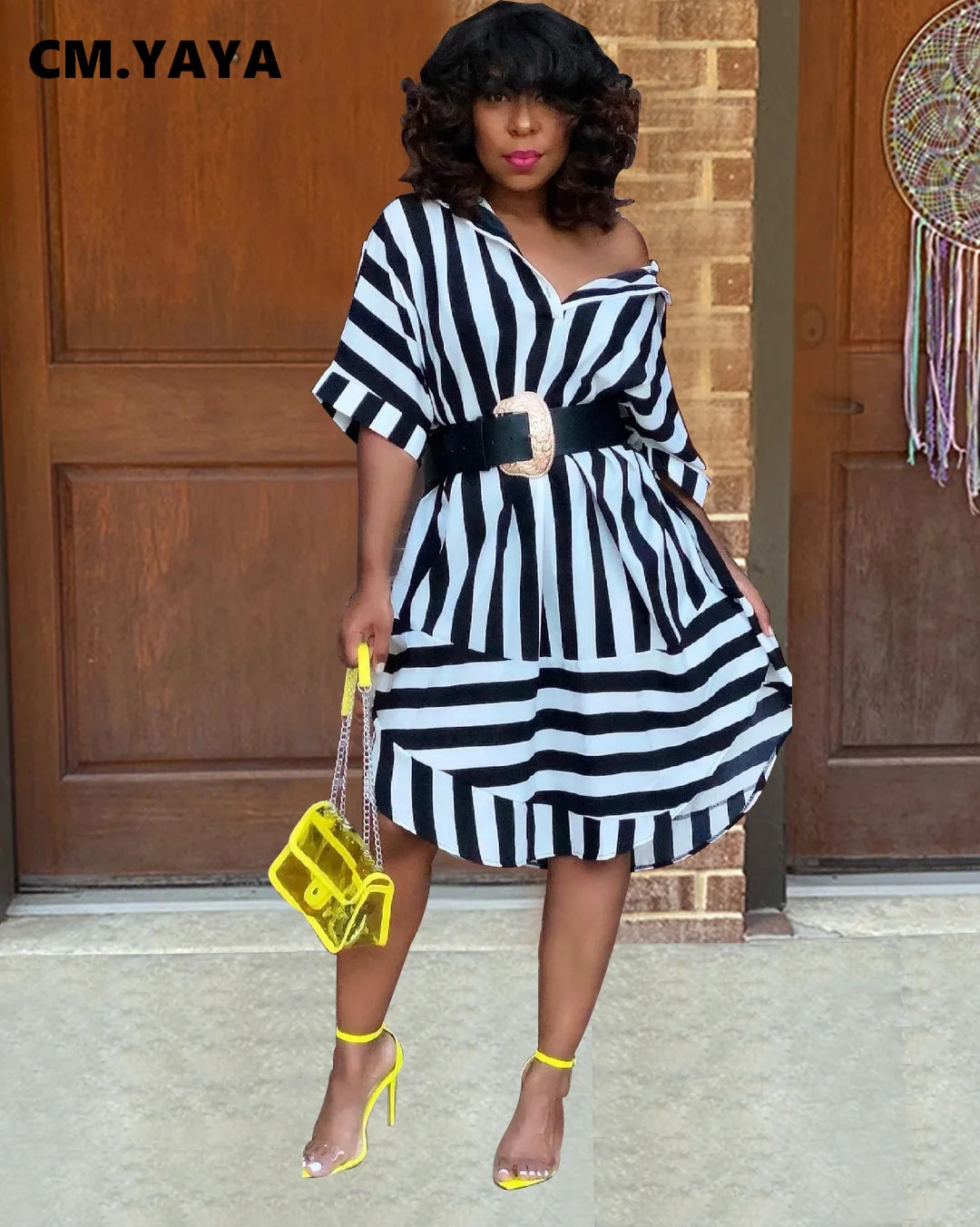 CM.YAYA Women Midi Dress Striped Turn-down Collar Half Sleeve Button Loose Dresses Office Lady Outfit Summer Vestidos Streetwear