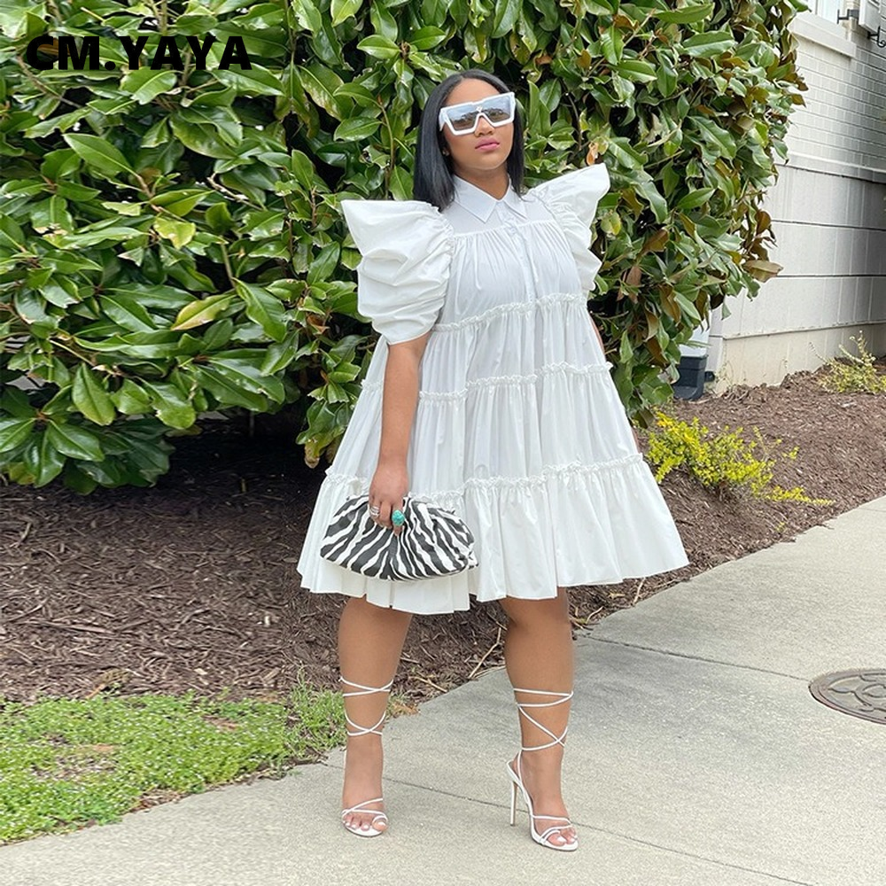 CM.YAYA Elegant Women Puff Short Sleeve Smock Dress  2022 Summer Chic Big Swing Loose Turn-down Neck Sundress Vestidos