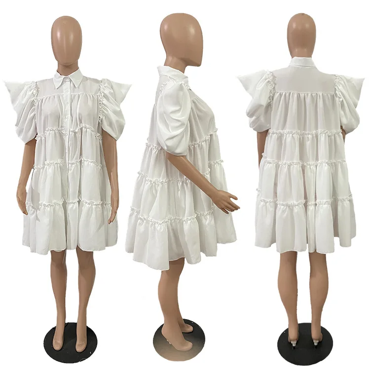 CM.YAYA Elegant Women Puff Short Sleeve Smock Dress  2022 Summer Chic Big Swing Loose Turn-down Neck Sundress Vestidos