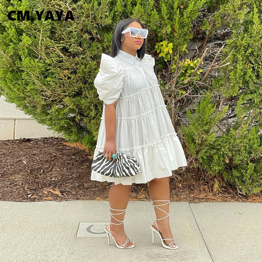 CM.YAYA Elegant Women Puff Short Sleeve Smock Dress  2022 Summer Chic Big Swing Loose Turn-down Neck Sundress Vestidos