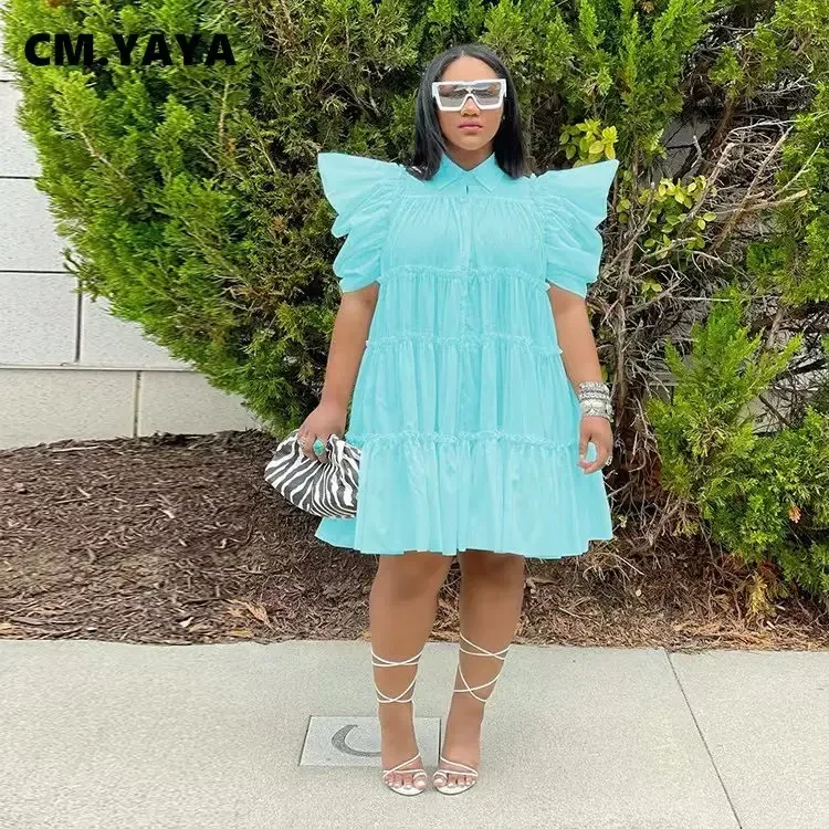 CM.YAYA Elegant Women Puff Short Sleeve Smock Dress  2022 Summer Chic Big Swing Loose Turn-down Neck Sundress Vestidos