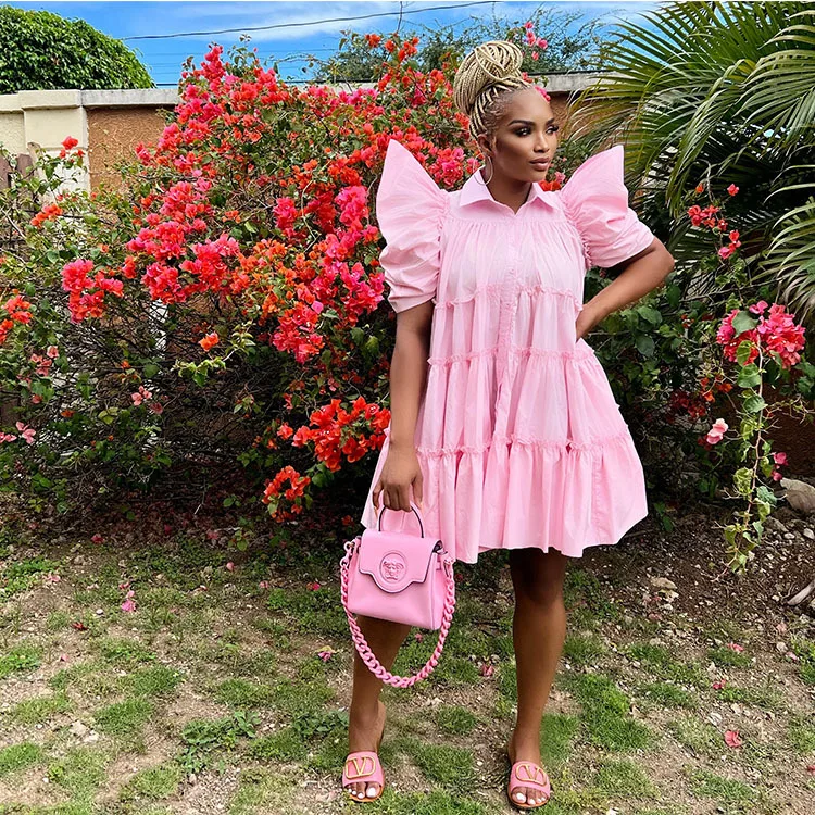 CM.YAYA Elegant Women Puff Short Sleeve Smock Dress  2022 Summer Chic Big Swing Loose Turn-down Neck Sundress Vestidos