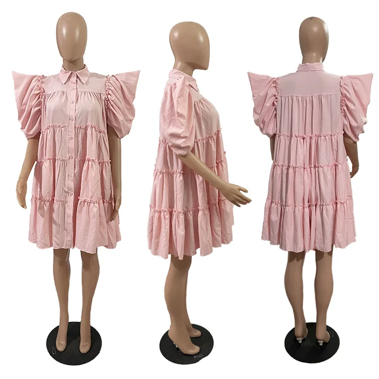 CM.YAYA Elegant Women Puff Short Sleeve Smock Dress  2022 Summer Chic Big Swing Loose Turn-down Neck Sundress Vestidos