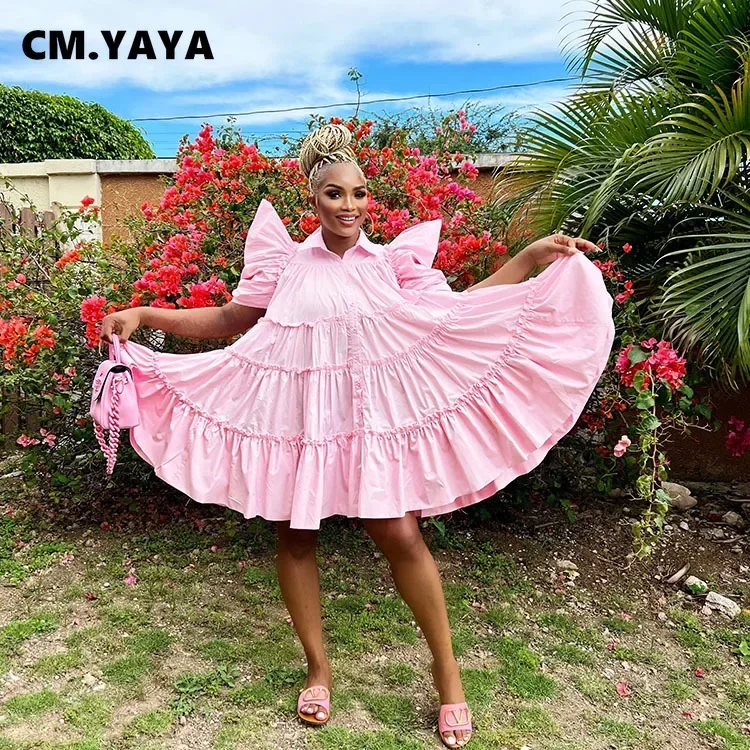 CM.YAYA Elegant Women Puff Short Sleeve Smock Dress  2022 Summer Chic Big Swing Loose Turn-down Neck Sundress Vestidos