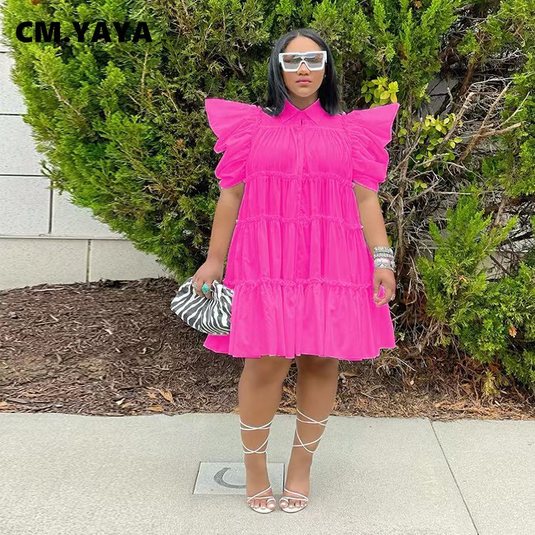 CM.YAYA Elegant Women Puff Short Sleeve Smock Dress  2022 Summer Chic Big Swing Loose Turn-down Neck Sundress Vestidos