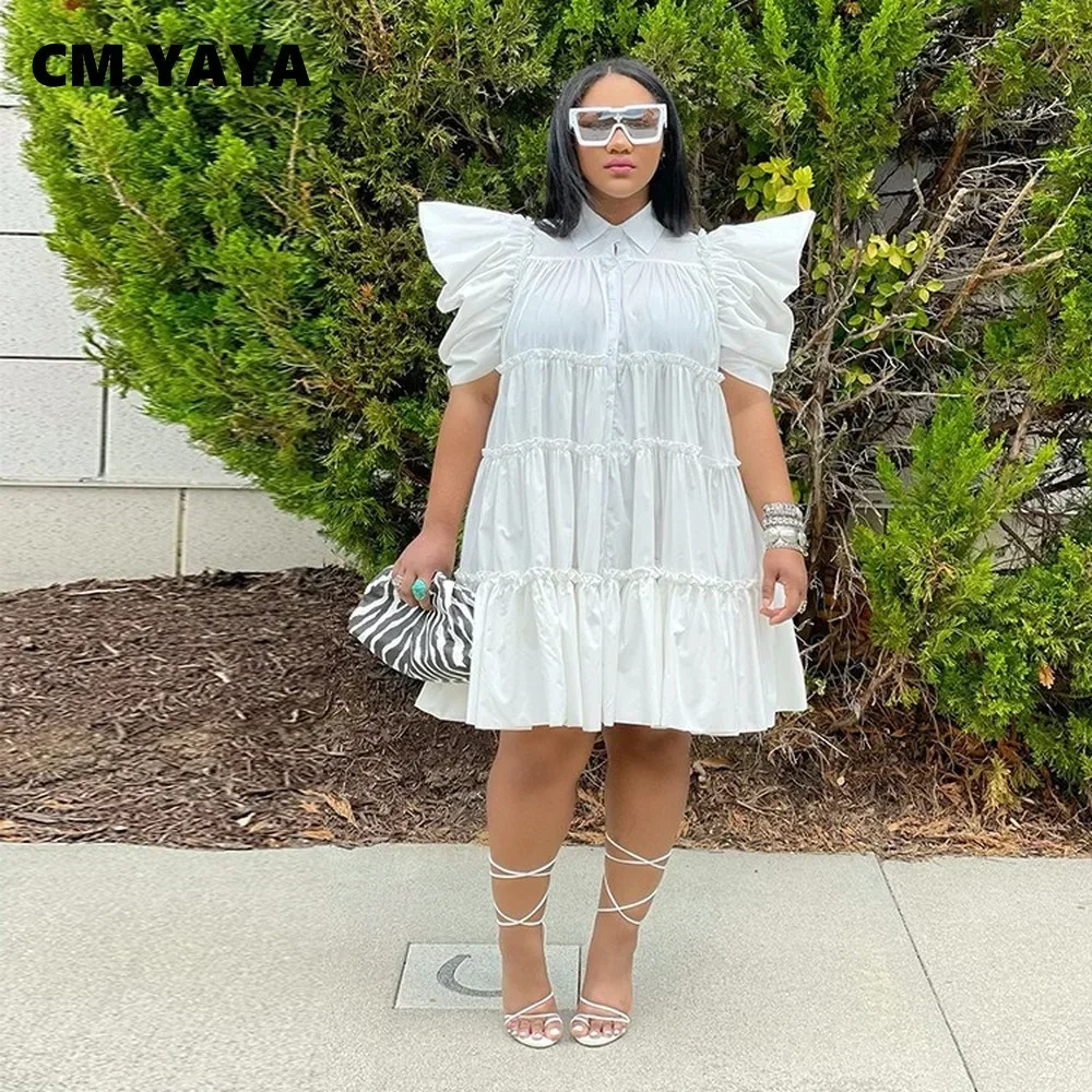 CM.YAYA Elegant Women Puff Short Sleeve Smock Dress  2022 Summer Chic Big Swing Loose Turn-down Neck Sundress Vestidos