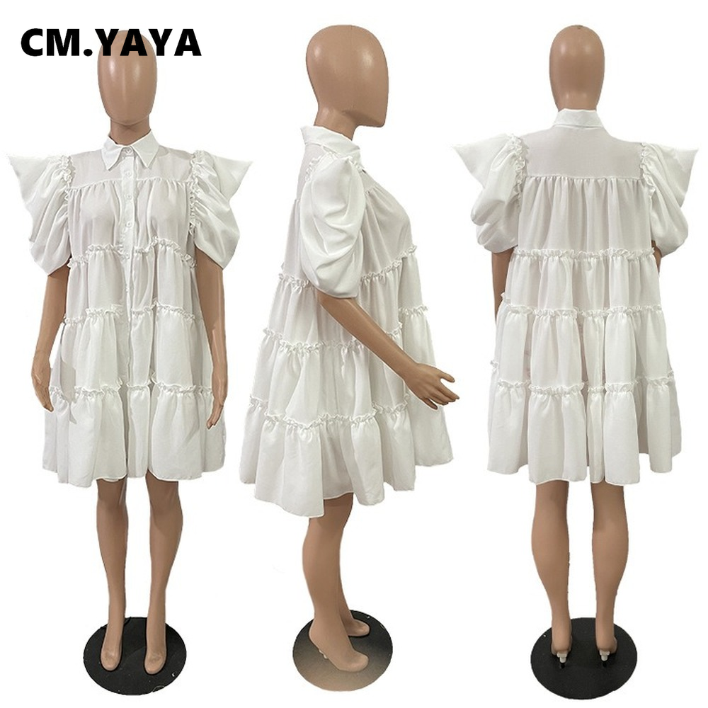 CM.YAYA Elegant Women Puff Short Sleeve Smock Dress  2022 Summer Chic Big Swing Loose Turn-down Neck Sundress Vestidos