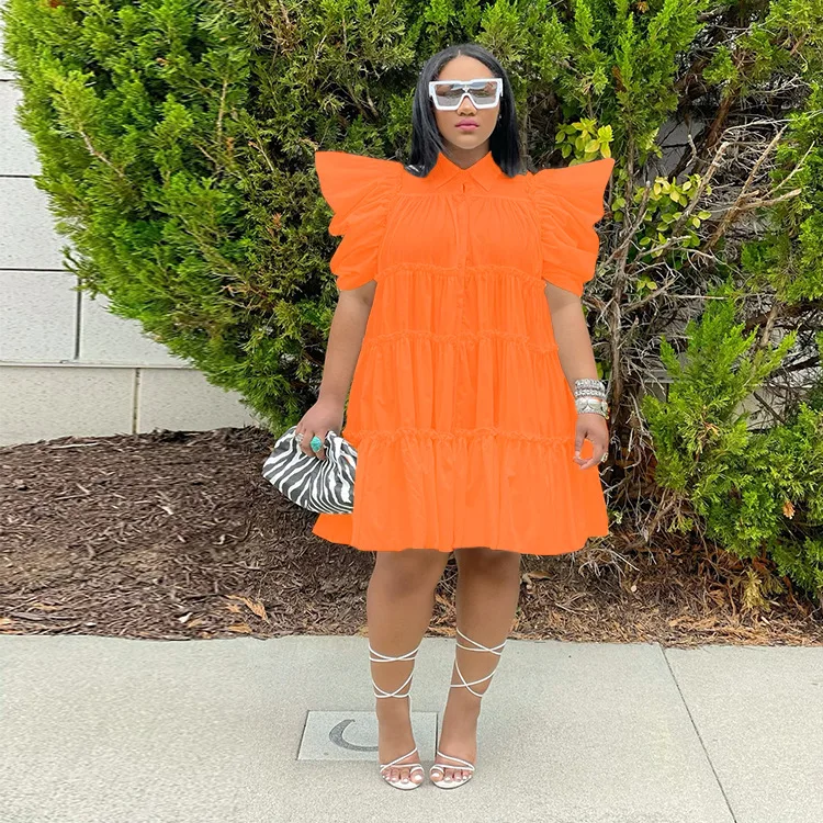 CM.YAYA Elegant Women Puff Short Sleeve Smock Dress  2022 Summer Chic Big Swing Loose Turn-down Neck Sundress Vestidos