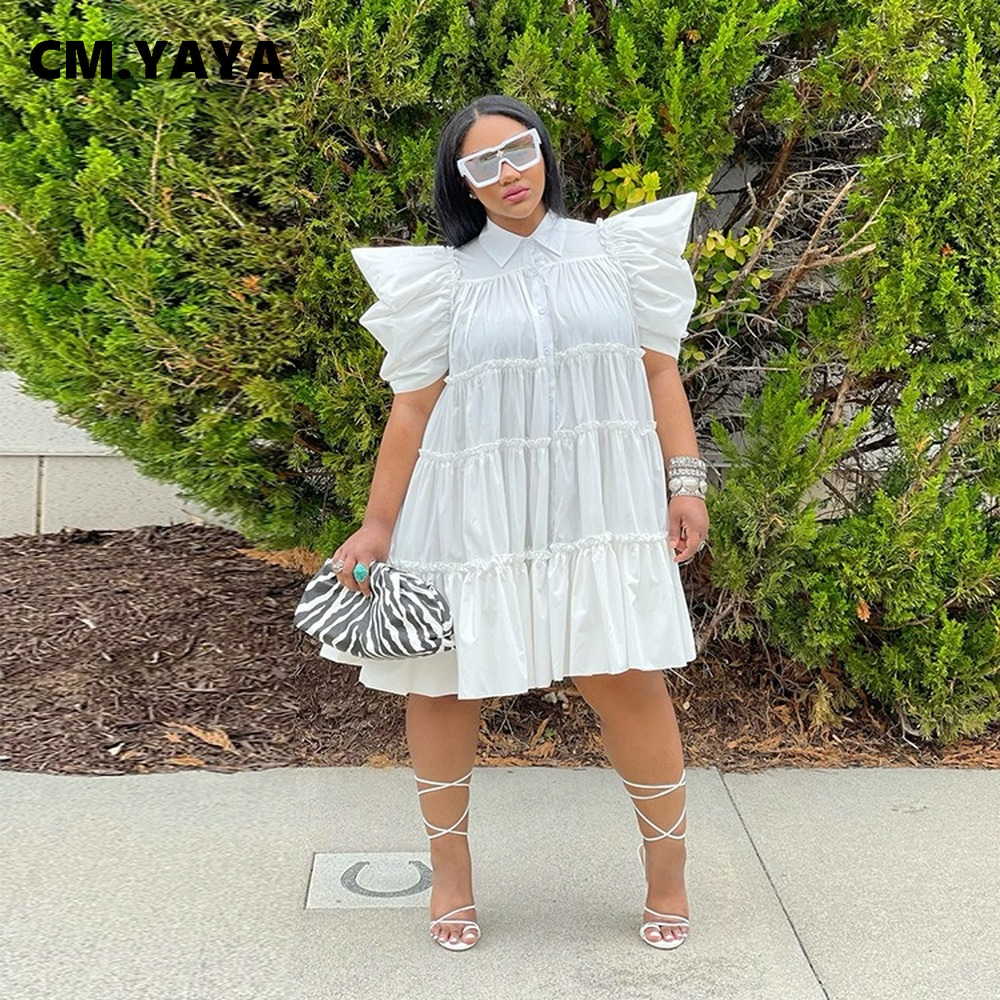 CM.YAYA Elegant Women Puff Short Sleeve Smock Dress  2022 Summer Chic Big Swing Loose Turn-down Neck Sundress Vestidos