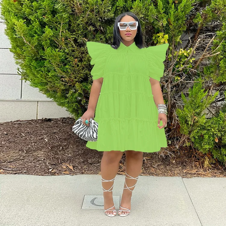 CM.YAYA Elegant Women Puff Short Sleeve Smock Dress  2022 Summer Chic Big Swing Loose Turn-down Neck Sundress Vestidos