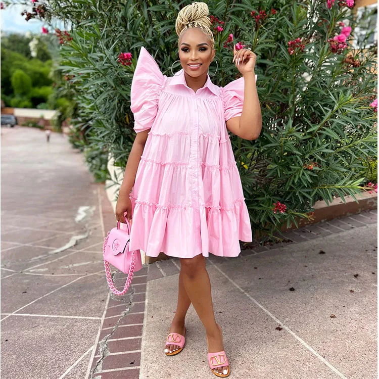 CM.YAYA Elegant Women Puff Short Sleeve Smock Dress  2022 Summer Chic Big Swing Loose Turn-down Neck Sundress Vestidos