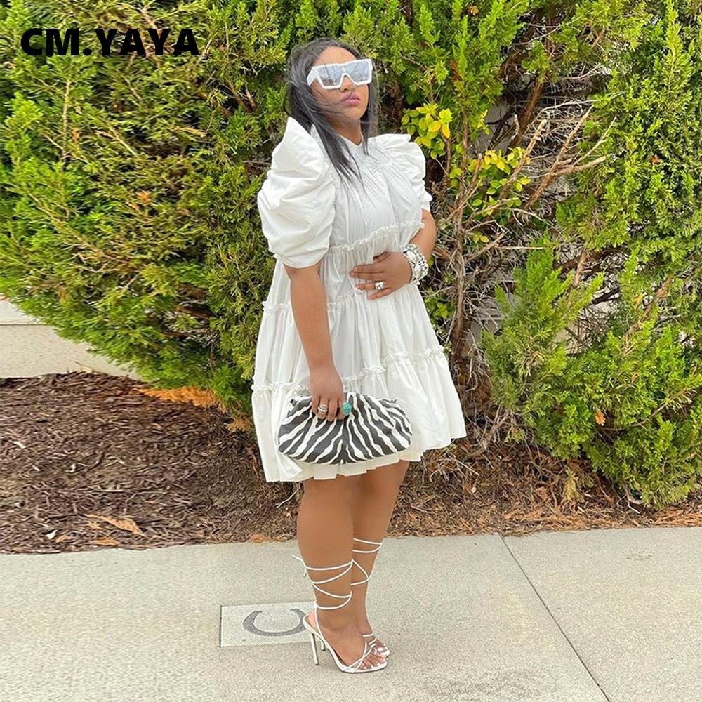CM.YAYA Elegant Women Puff Short Sleeve Smock Dress  2022 Summer Chic Big Swing Loose Turn-down Neck Sundress Vestidos