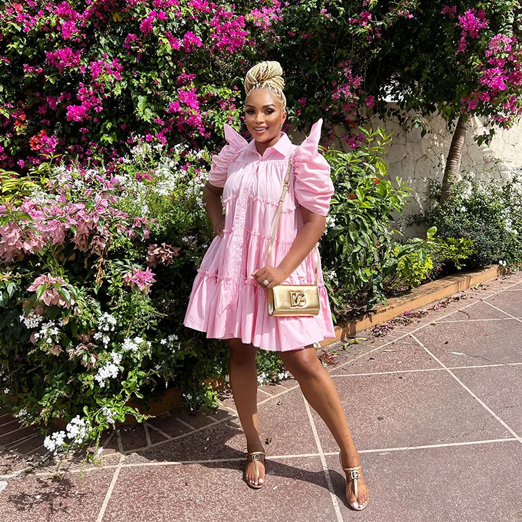 CM.YAYA Elegant Women Puff Short Sleeve Smock Dress  2022 Summer Chic Big Swing Loose Turn-down Neck Sundress Vestidos