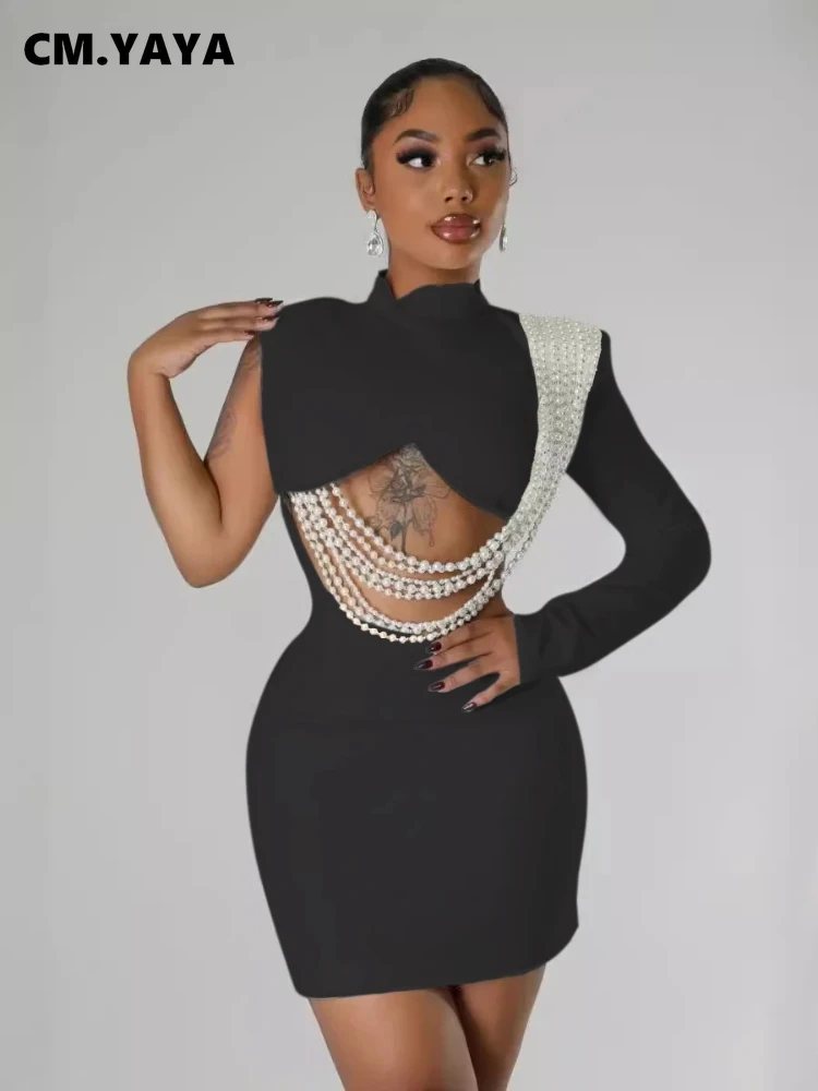 CM.YAYA Women Full Sleeve Elegant O-neck Mini Dress 2024 Summer Pearl String Sexy Street Night Club Party Vestidos Dresses