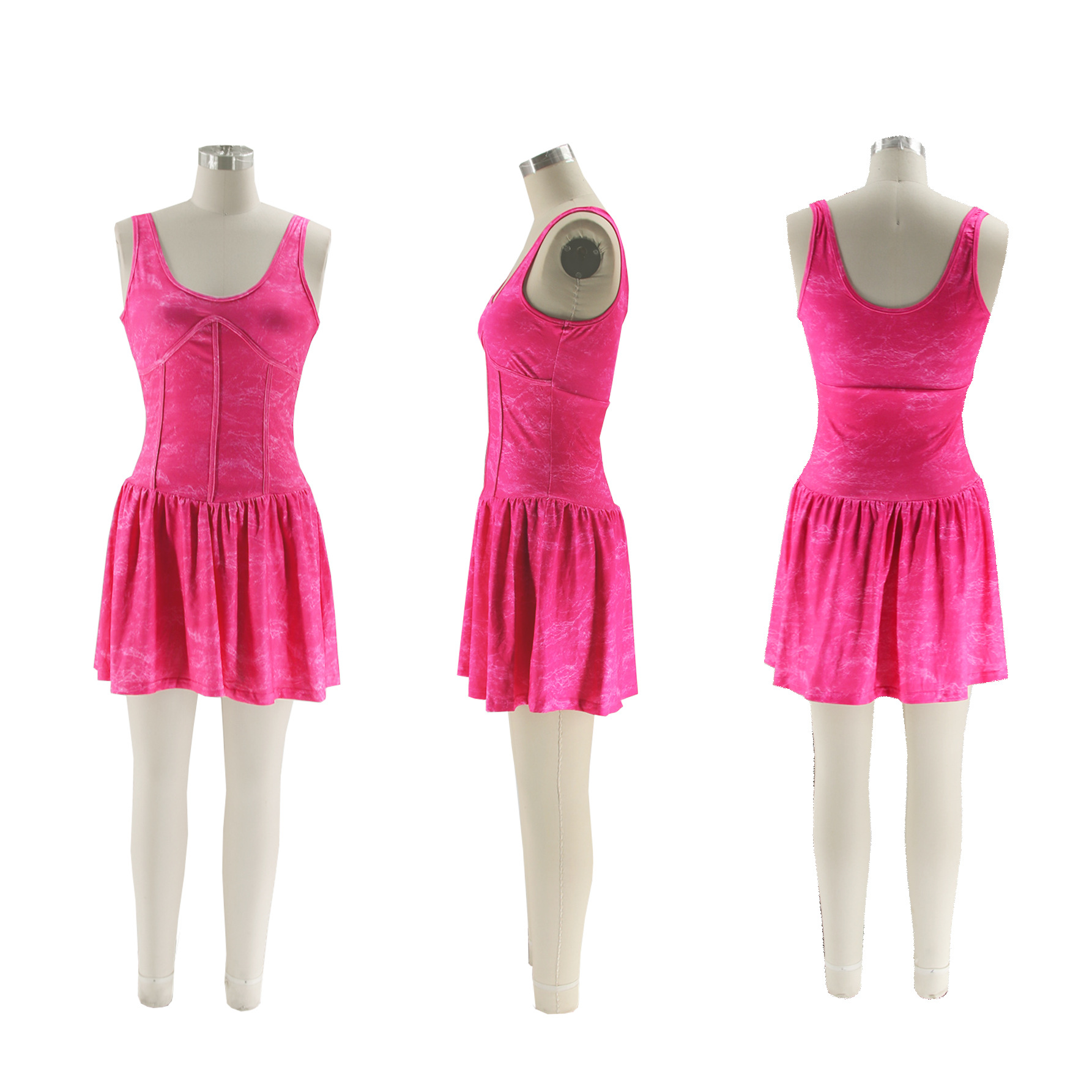 CM.YAYA Women Sleeveless O-neck Pleated Ruched Dress 2024 Summer Beach Cute Sexy Evening Night Club Party Washed Mini Dresses