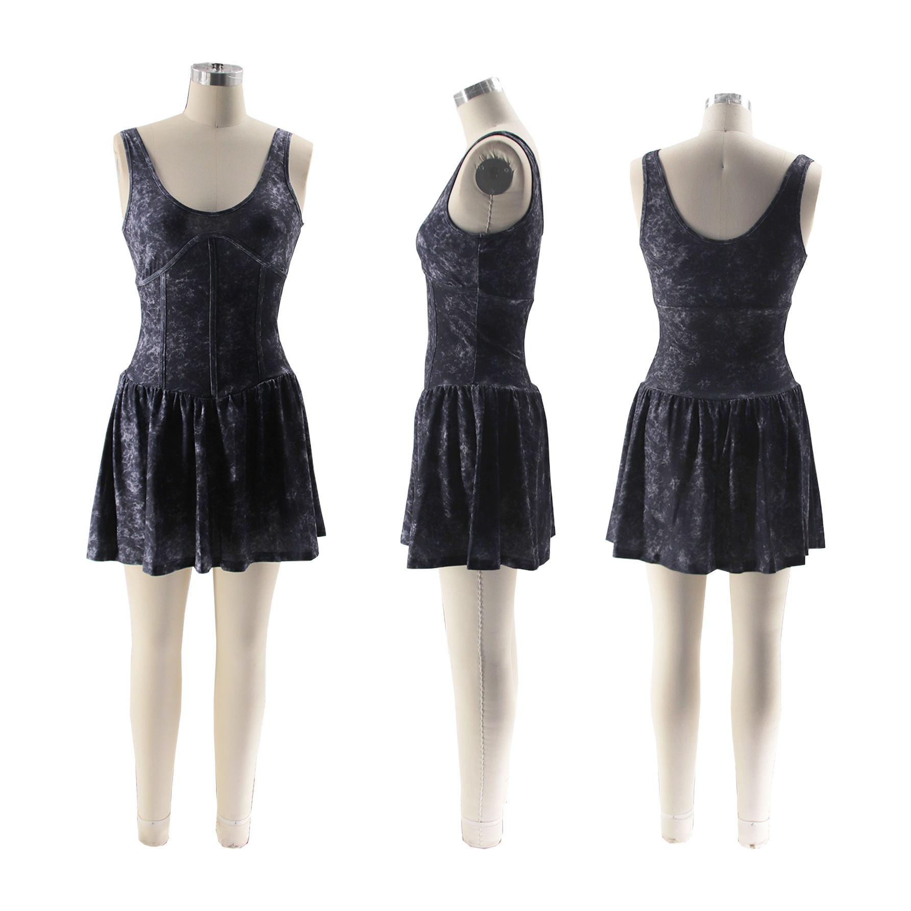 CM.YAYA Women Sleeveless O-neck Pleated Ruched Dress 2024 Summer Beach Cute Sexy Evening Night Club Party Washed Mini Dresses