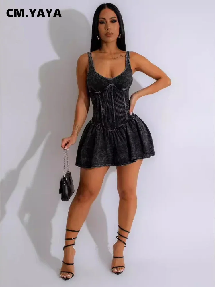 CM.YAYA Women Sleeveless O-neck Pleated Ruched Dress 2024 Summer Beach Cute Sexy Evening Night Club Party Washed Mini Dresses