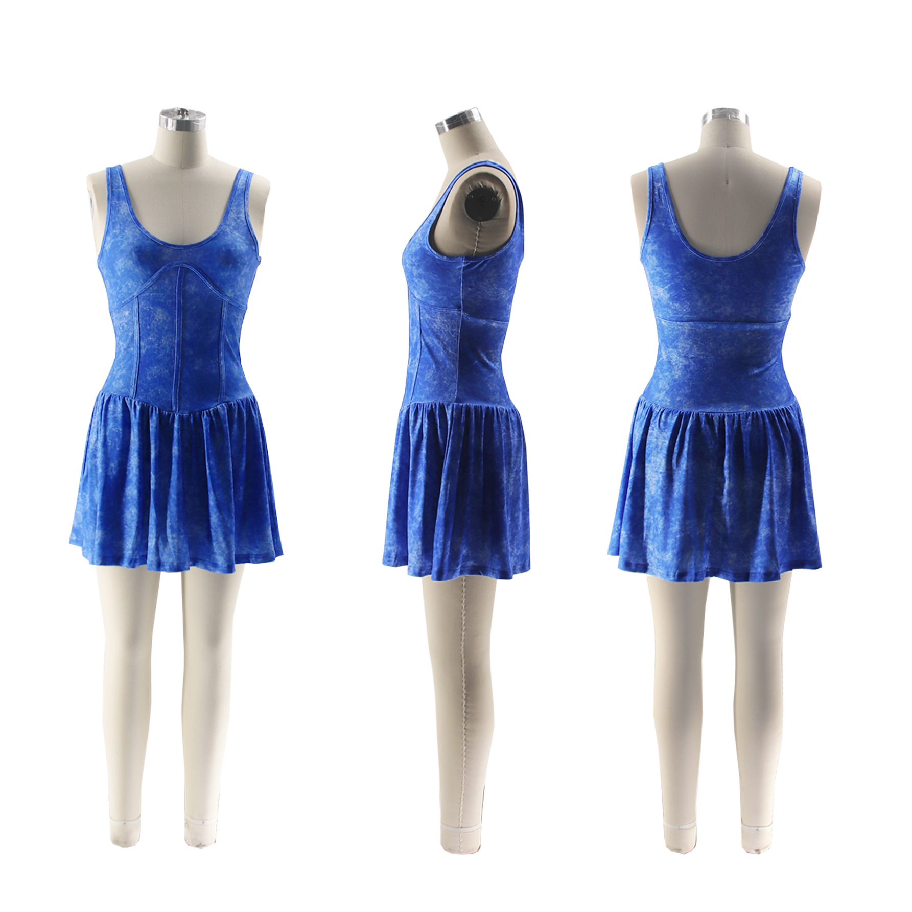 CM.YAYA Women Sleeveless O-neck Pleated Ruched Dress 2024 Summer Beach Cute Sexy Evening Night Club Party Washed Mini Dresses