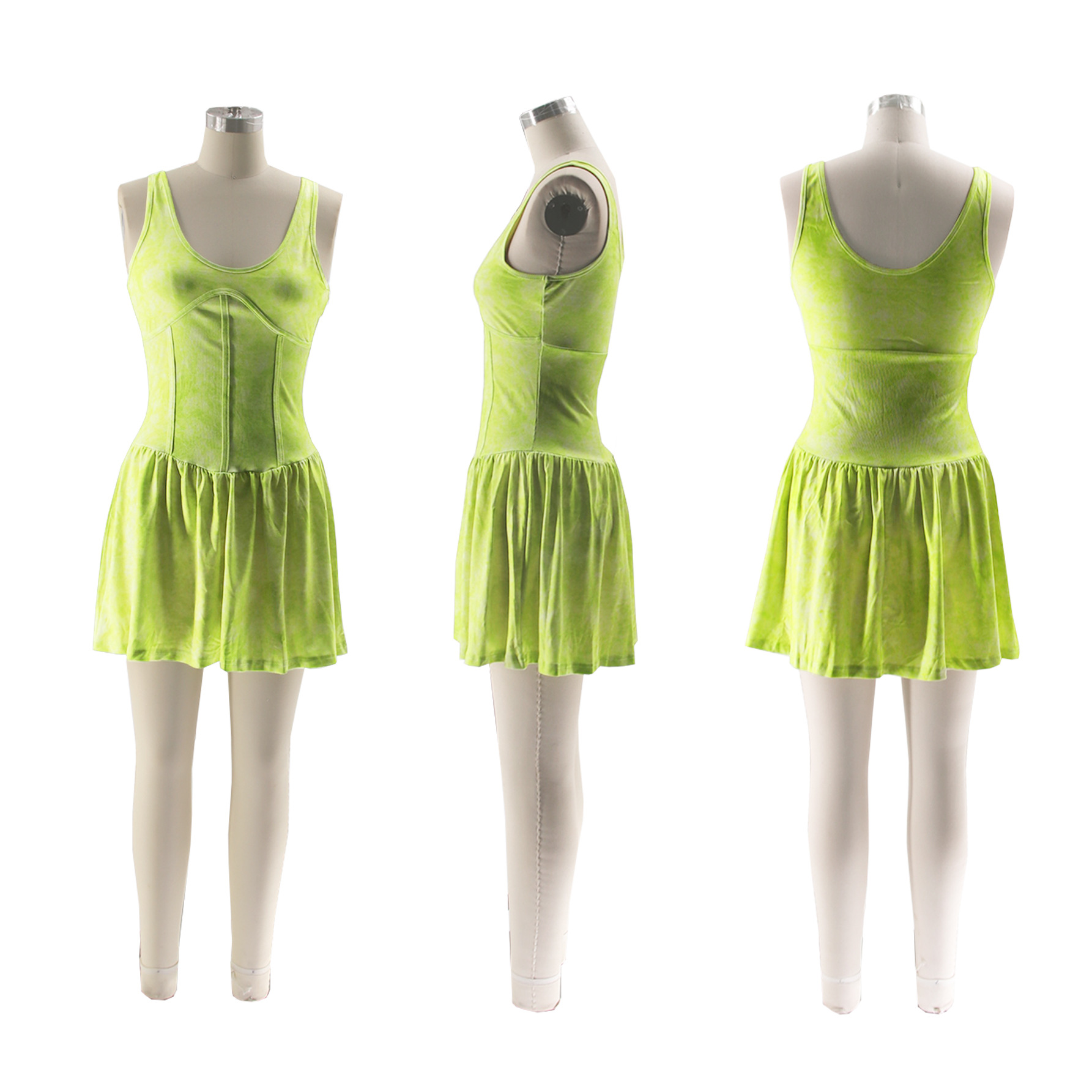 CM.YAYA Women Sleeveless O-neck Pleated Ruched Dress 2024 Summer Beach Cute Sexy Evening Night Club Party Washed Mini Dresses