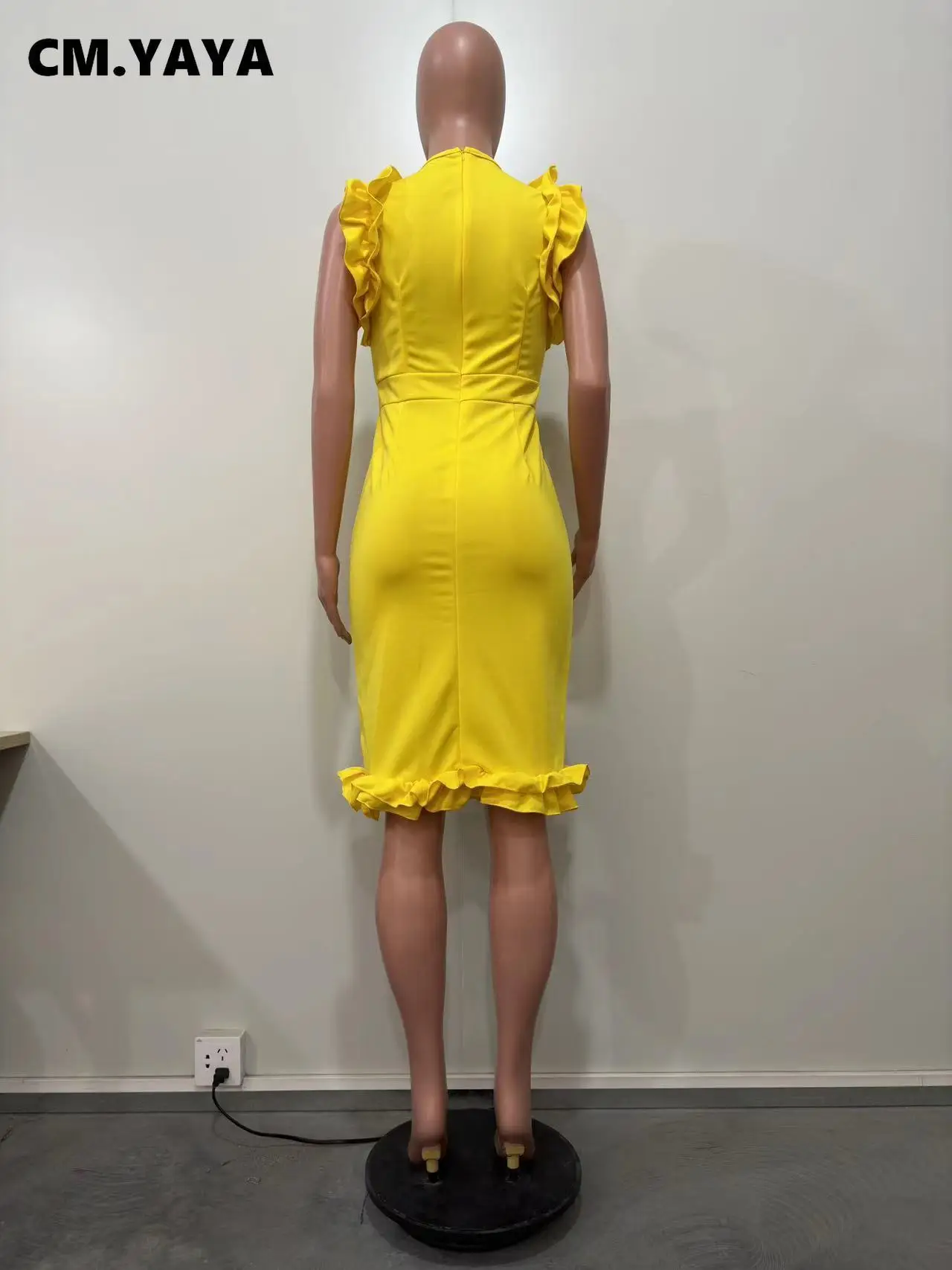 CM.YAYA Women Ruffles Shoulder Hem Sleeveless Bodycon Midi Dress 2023 Autumn Winter OL Sexy Even Vestido Party Cocktail Dresses