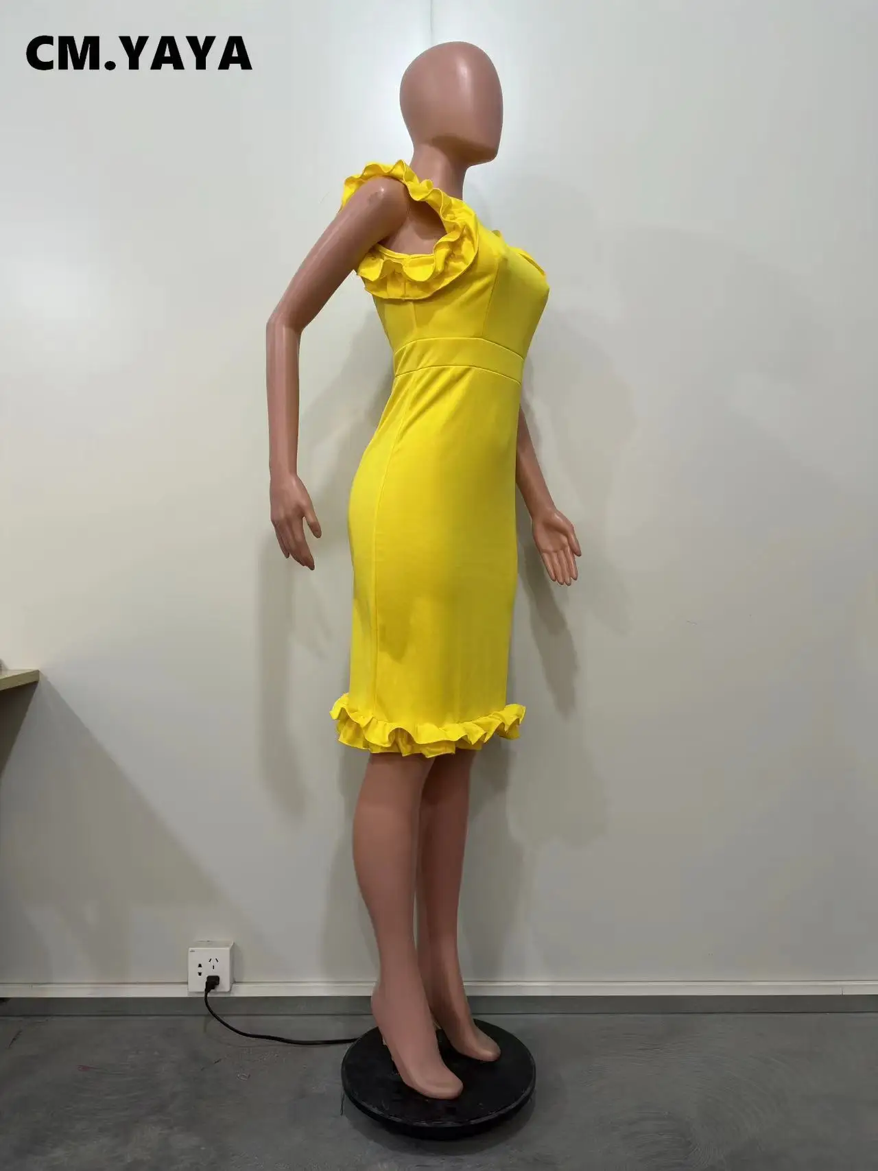 CM.YAYA Women Ruffles Shoulder Hem Sleeveless Bodycon Midi Dress 2023 Autumn Winter OL Sexy Even Vestido Party Cocktail Dresses