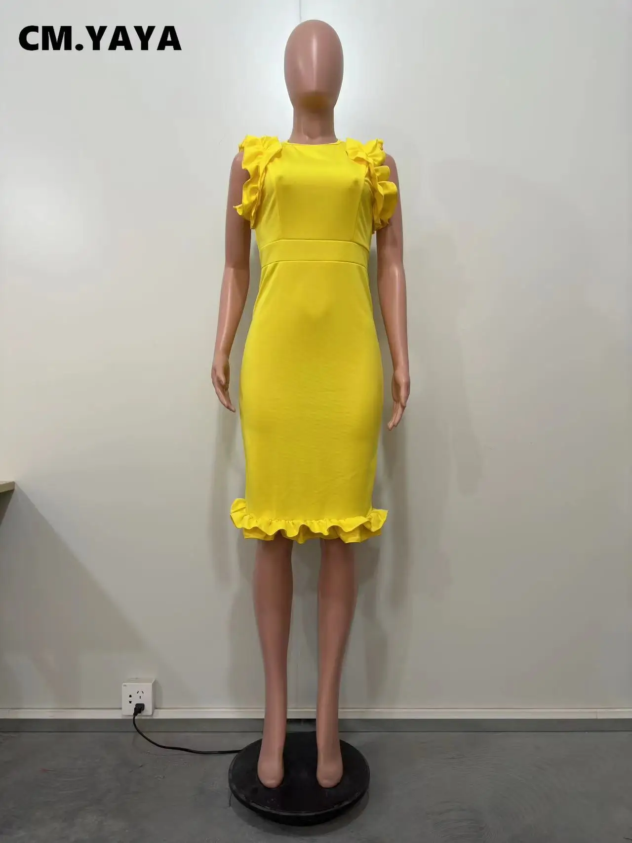 CM.YAYA Women Ruffles Shoulder Hem Sleeveless Bodycon Midi Dress 2023 Autumn Winter OL Sexy Even Vestido Party Cocktail Dresses