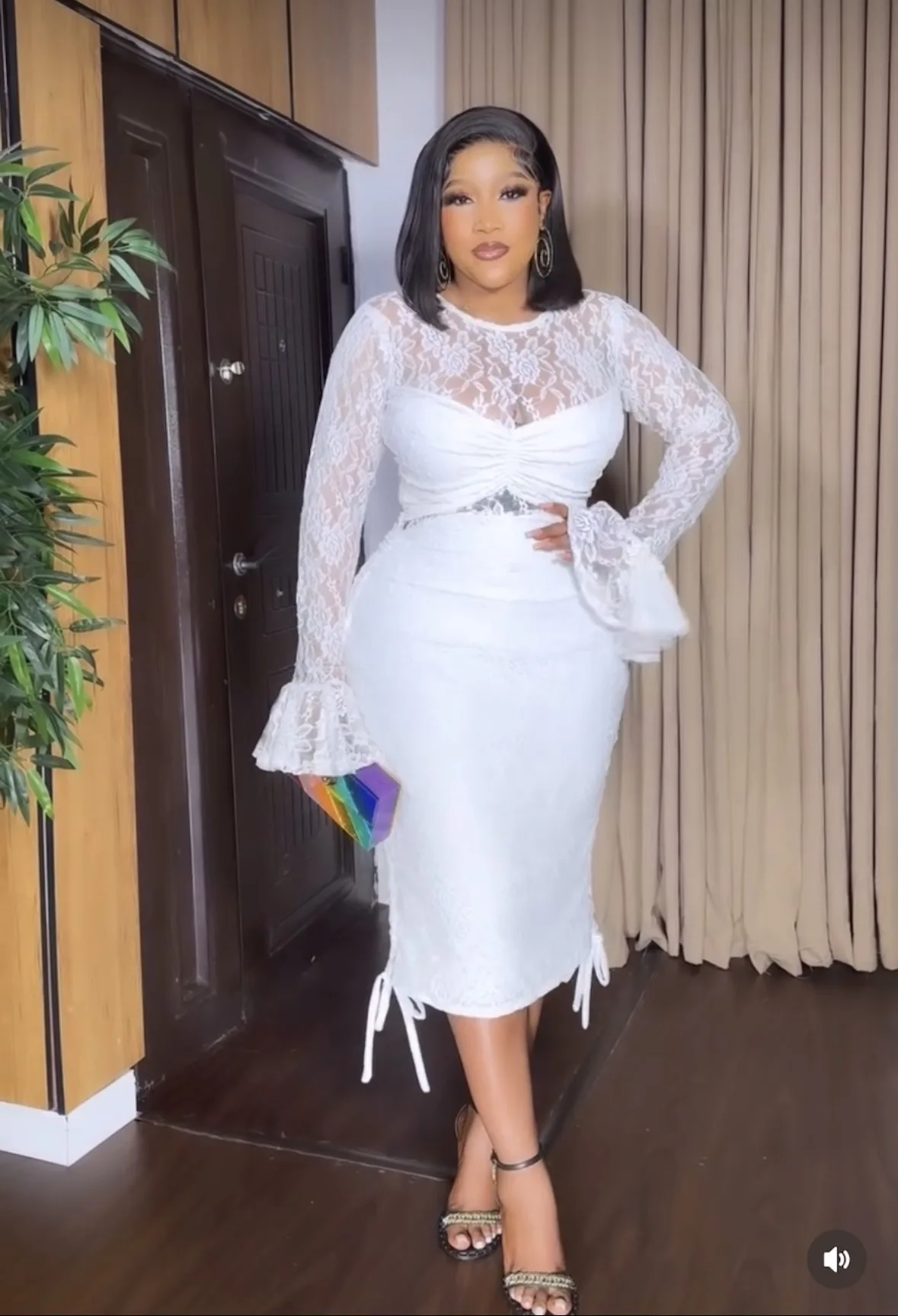 CM.YAYA 2025 Long Flare Sleeve See-through Dress Women Drawstring Sexy Slim Elastic Mini Dresses Lady Club Party Evening Night