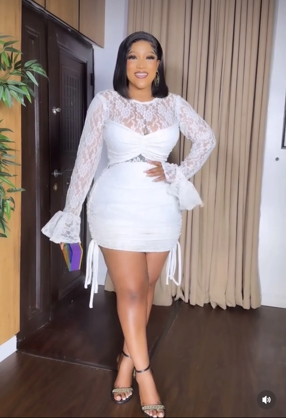 CM.YAYA 2025 Long Flare Sleeve See-through Dress Women Drawstring Sexy Slim Elastic Mini Dresses Lady Club Party Evening Night